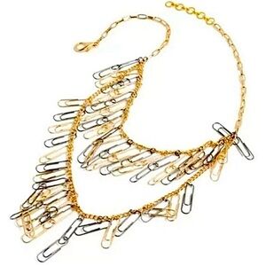 Amrita Singh Paper Clip Gunmetal Gold Punk Rock Tier Layer MultiStrand Necklace